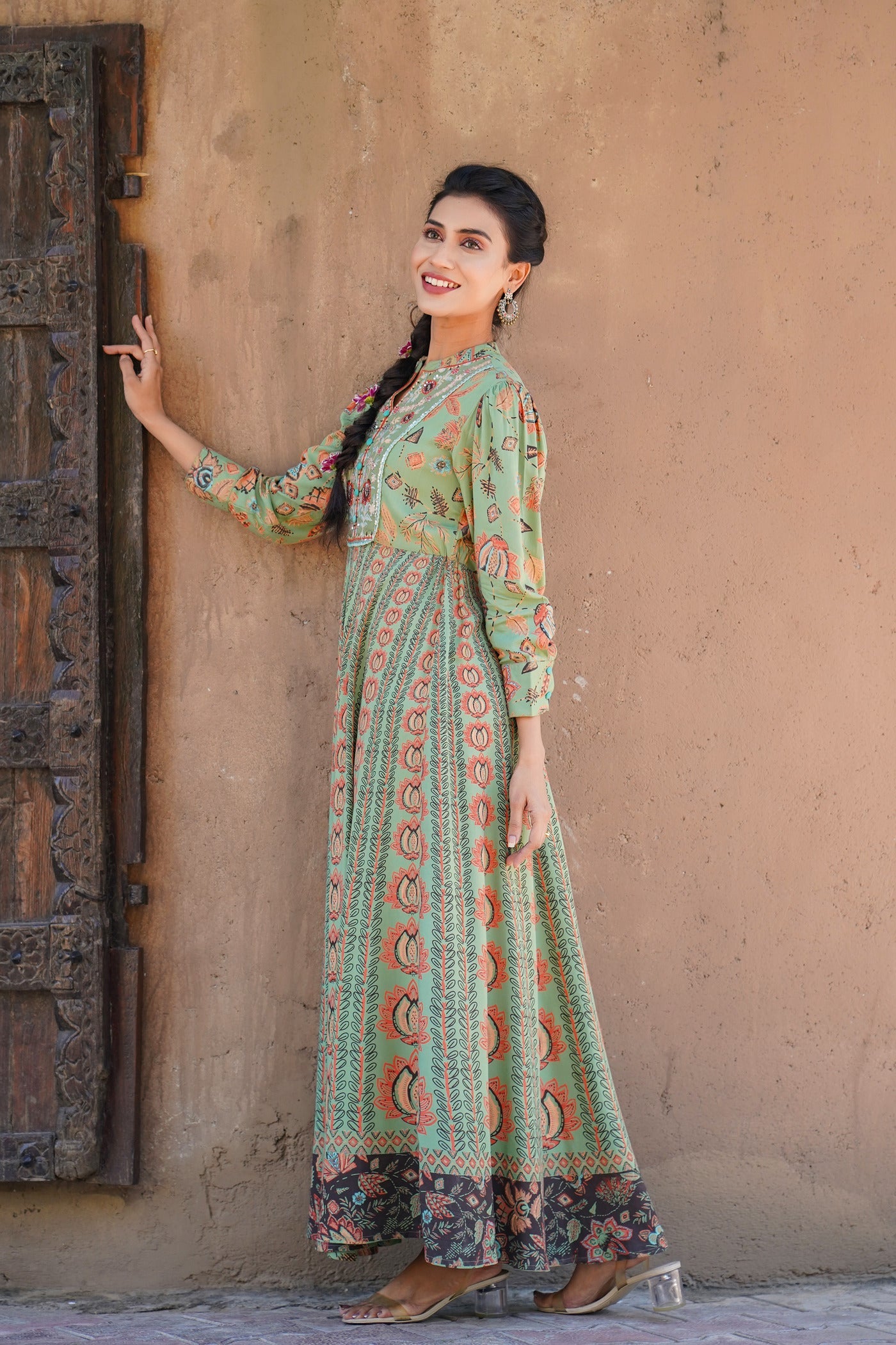 Women's  Green Rayon Printed Flared Dress