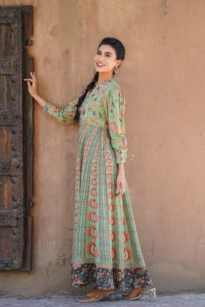 Women's  Green Rayon Printed Flared Dress