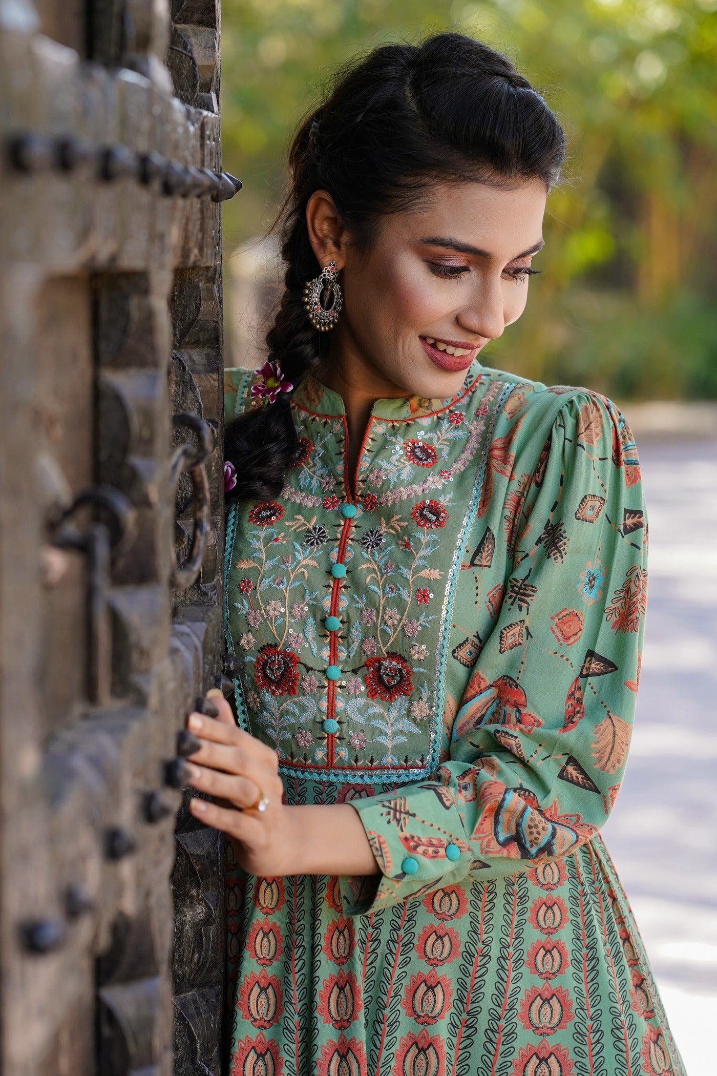 Women's  Green Rayon Printed Flared Dress