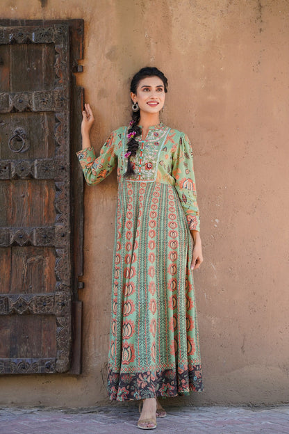 Women's  Green Rayon Printed Flared Dress