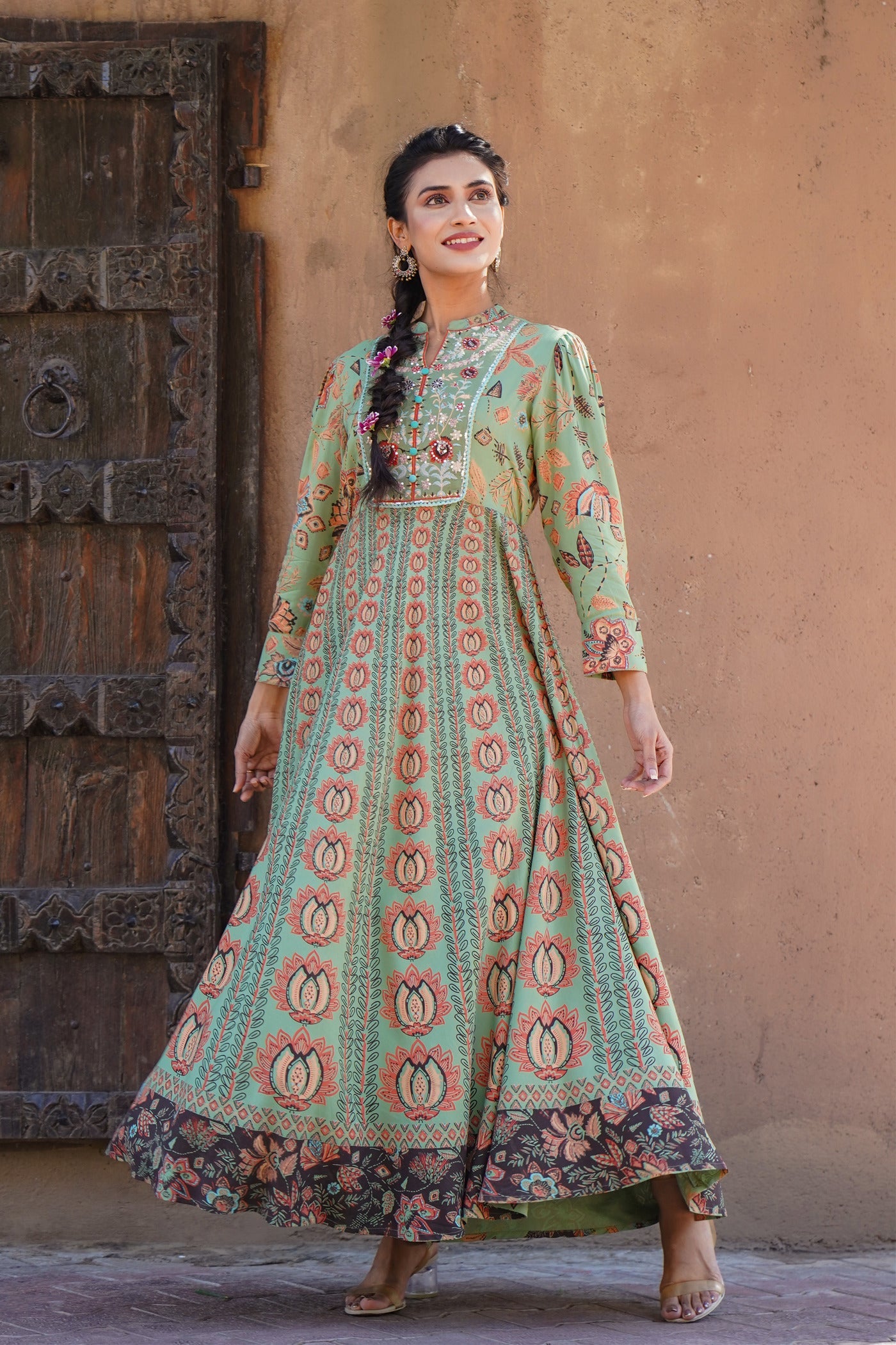 Women's  Green Rayon Printed Flared Dress