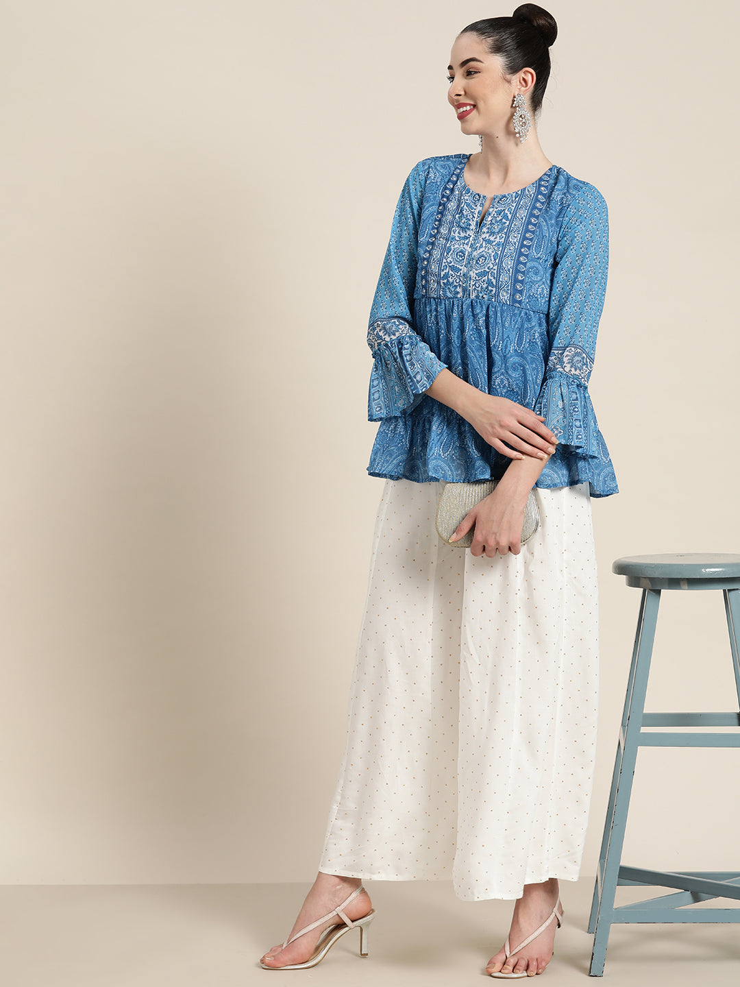 Women's  Blue Georgette Printed Tiered Top