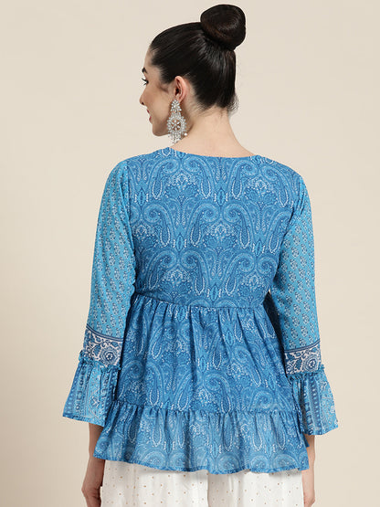 Women's  Blue Georgette Printed Tiered Top