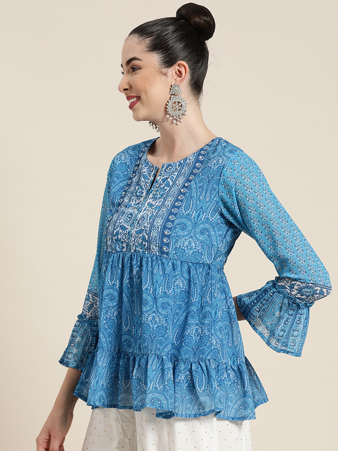 Women's  Blue Georgette Printed Tiered Top