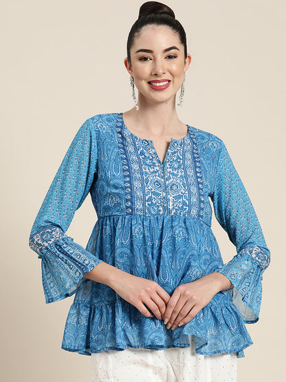 Women's  Blue Georgette Printed Tiered Top