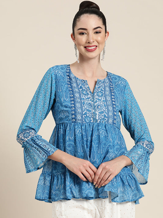 Women's  Blue Georgette Printed Tiered Top