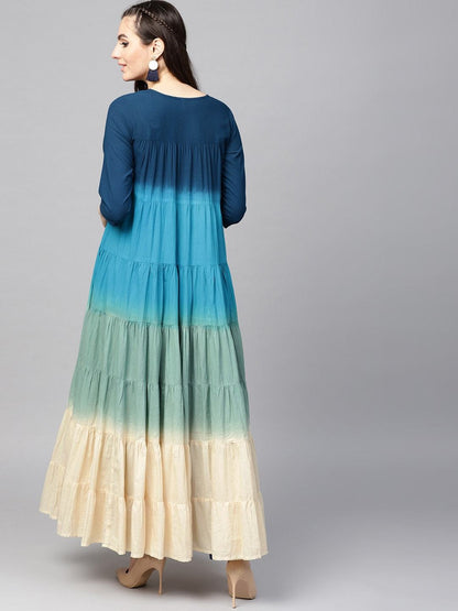 Women's  Navy Blue & Green Ombre Dyed Tiered Anarkali Kurta