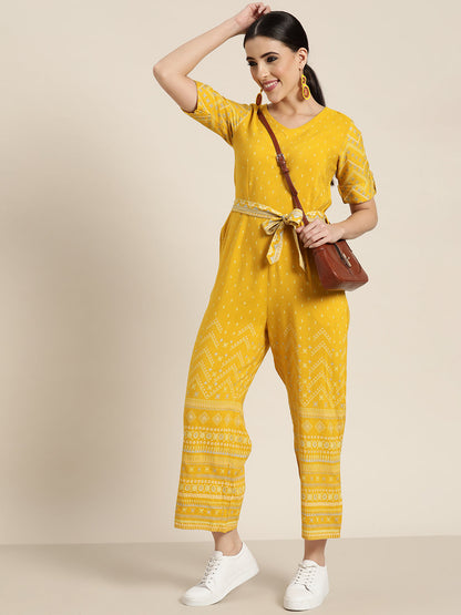 Women's  Mustard Rayon Flex Printed Straight Jumpsuit