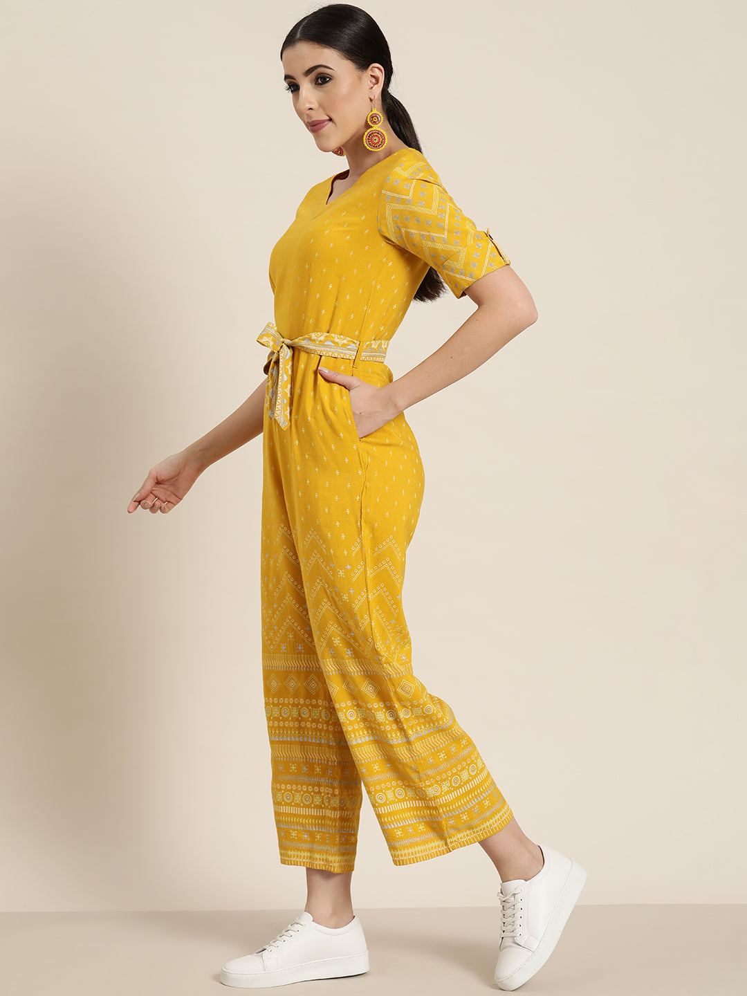 Women's  Mustard Rayon Flex Printed Straight Jumpsuit