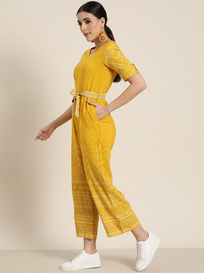 Women's  Mustard Rayon Flex Printed Straight Jumpsuit