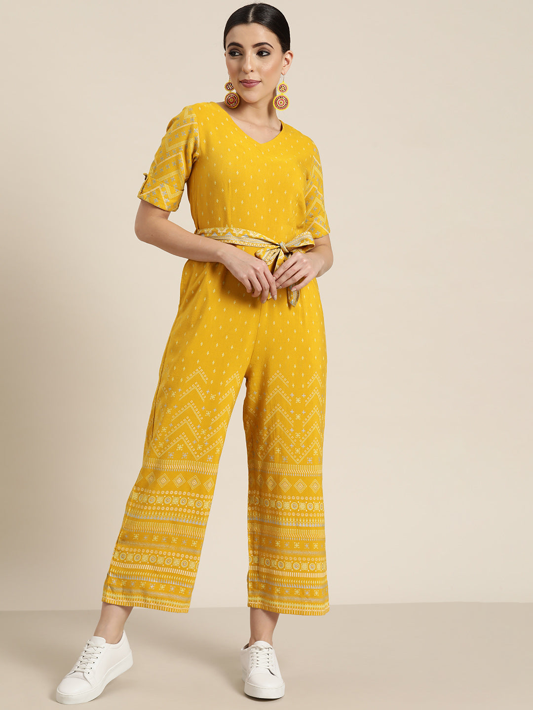 Women's  Mustard Rayon Flex Printed Straight Jumpsuit