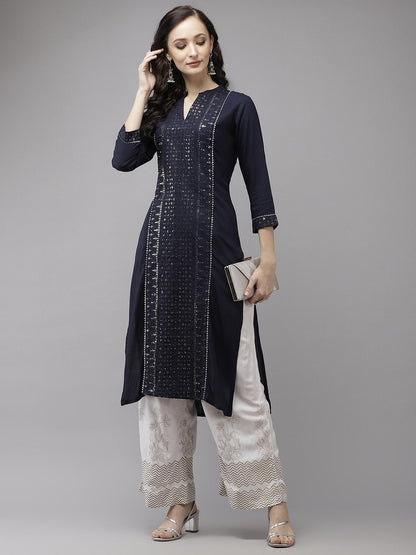 Women's Navy Blue Regular Sequinned Kurta Set