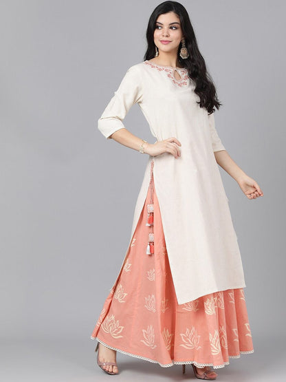 Women's  Off-White & Peach-Coloured Yoke Design Kurta with Skirt