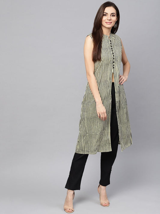 Women's  Cream-Coloured & Black Striped A-Line Kurta