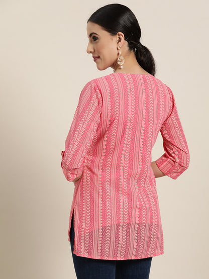 Women's  Pink Georgette Printed High-Low Tunic