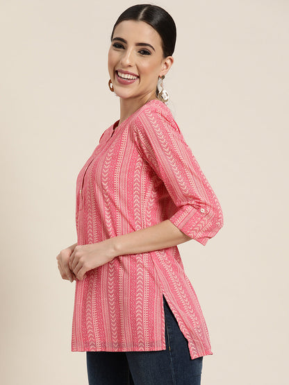Women's  Pink Georgette Printed High-Low Tunic