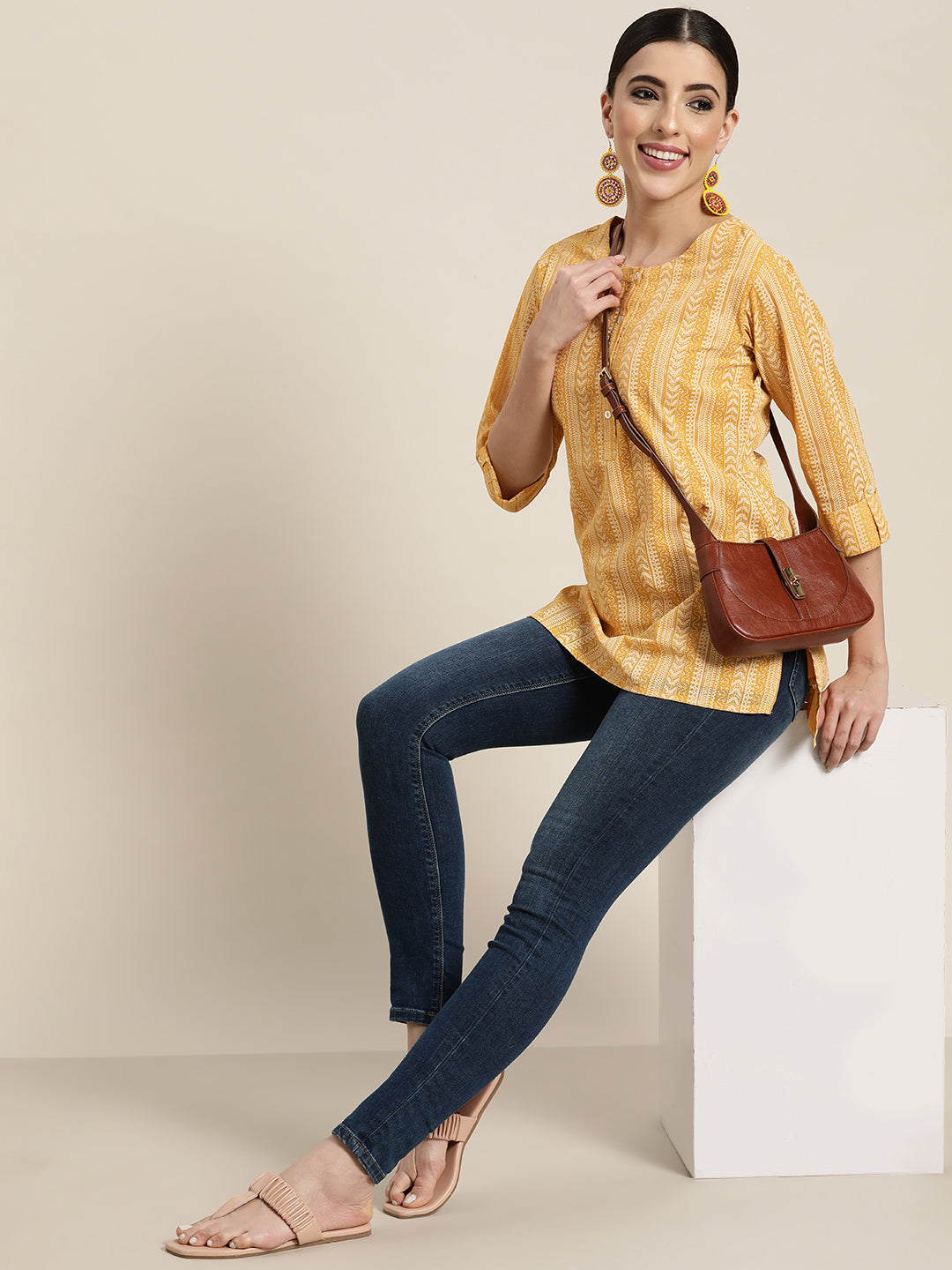 Women's  Yellow Georgette Printed High-Low Tunic
