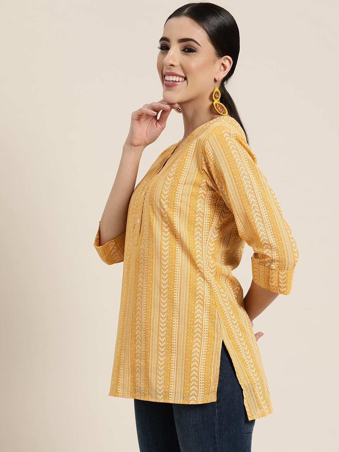 Women's  Yellow Georgette Printed High-Low Tunic