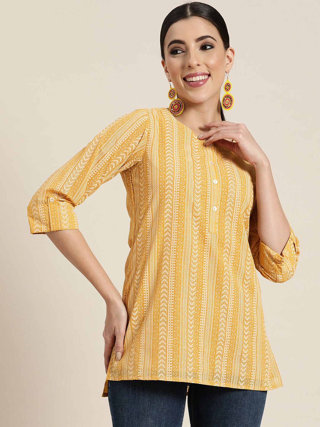 Women's  Yellow Georgette Printed High-Low Tunic