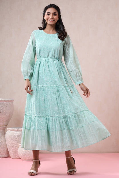 Women's  Mint Georgette Printed Tiered Dress