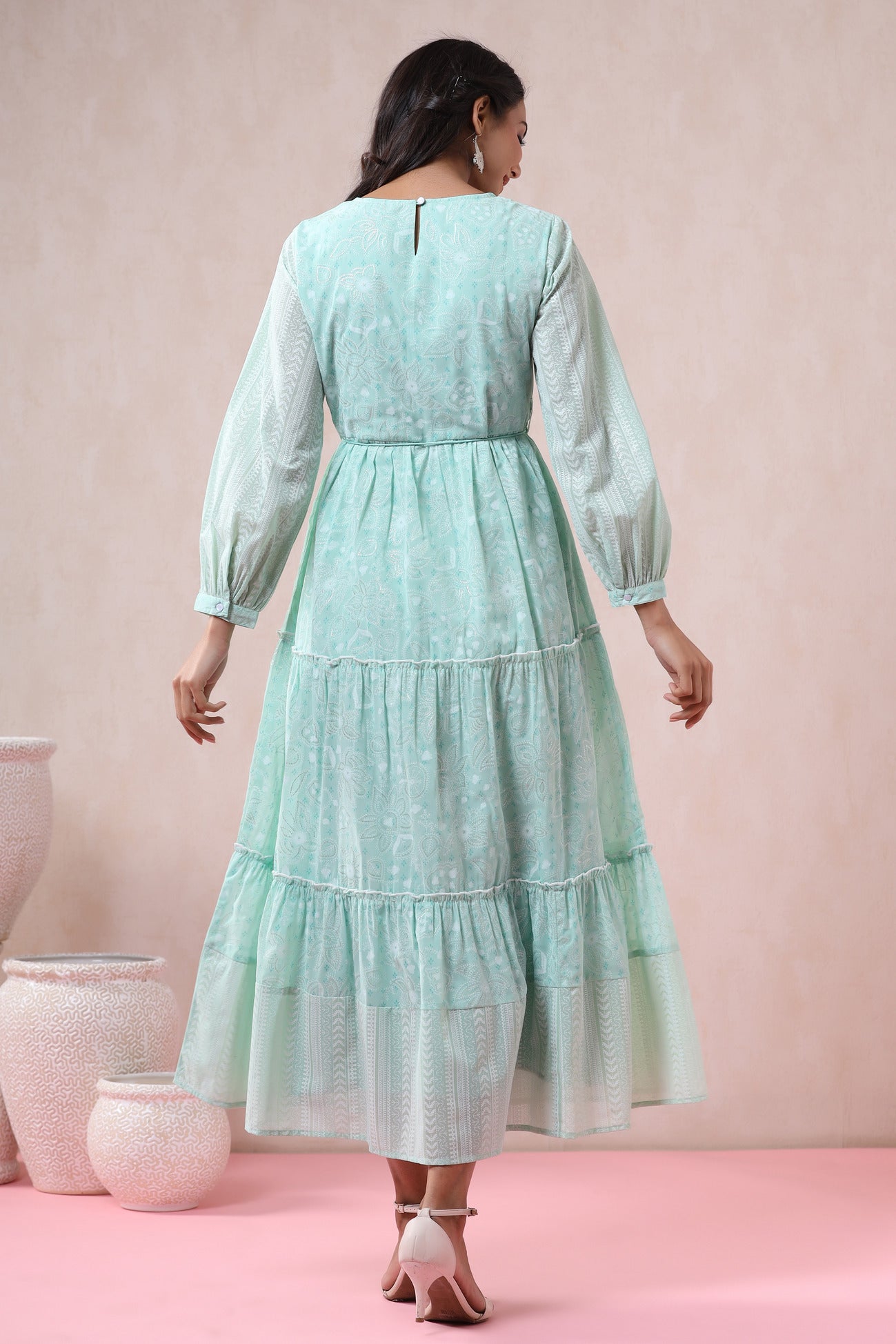 Women's  Mint Georgette Printed Tiered Dress
