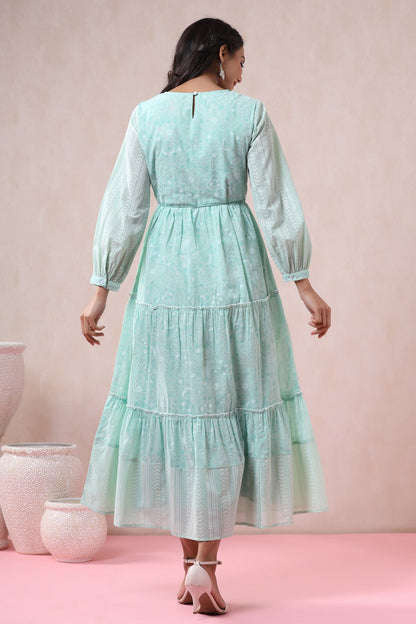 Women's  Mint Georgette Printed Tiered Dress