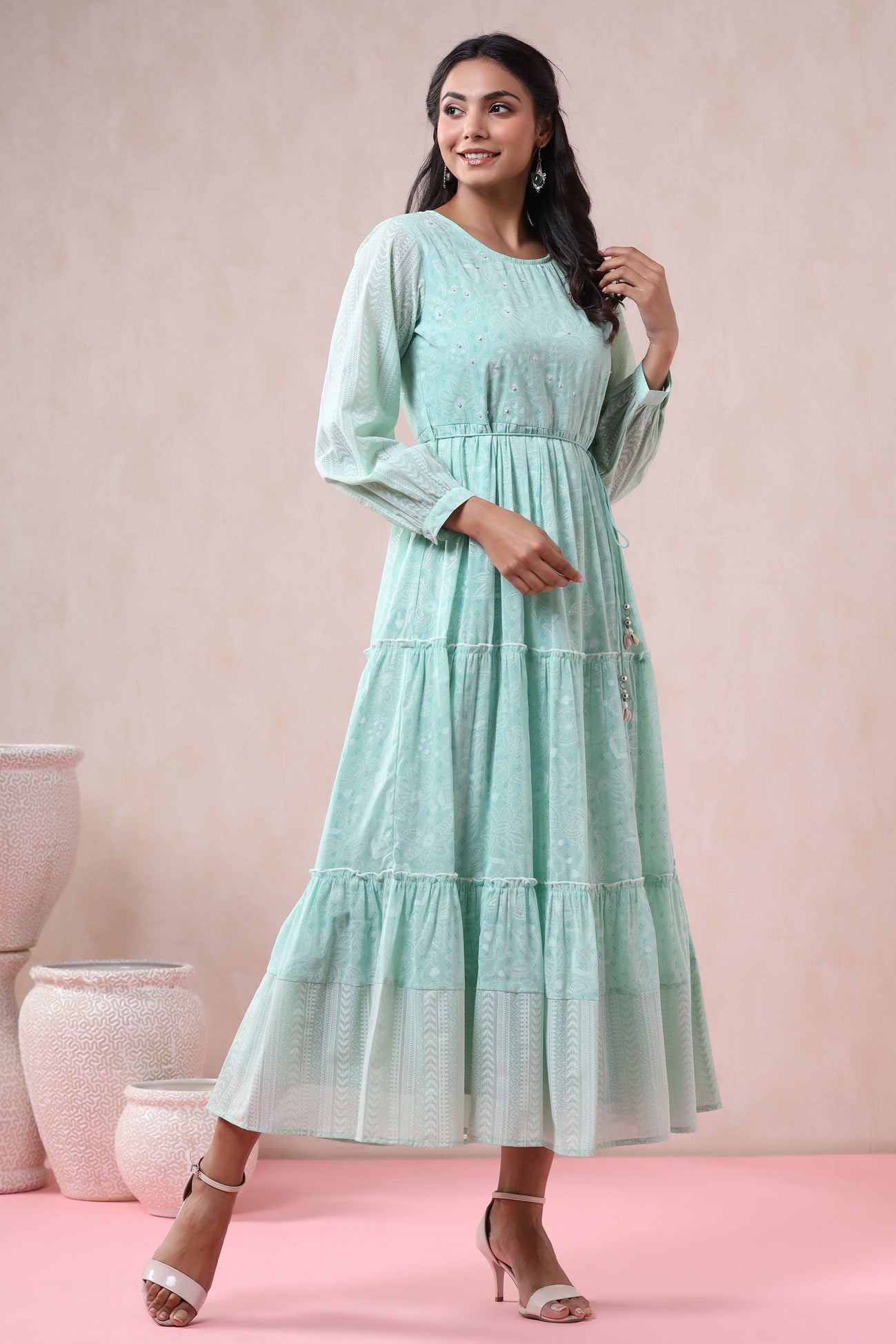 Women's  Mint Georgette Printed Tiered Dress