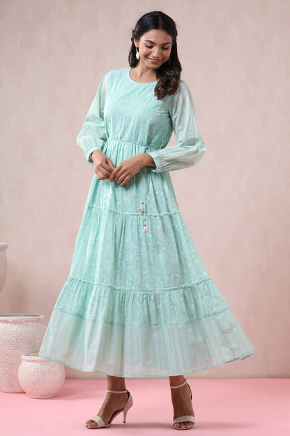 Women's  Mint Georgette Printed Tiered Dress