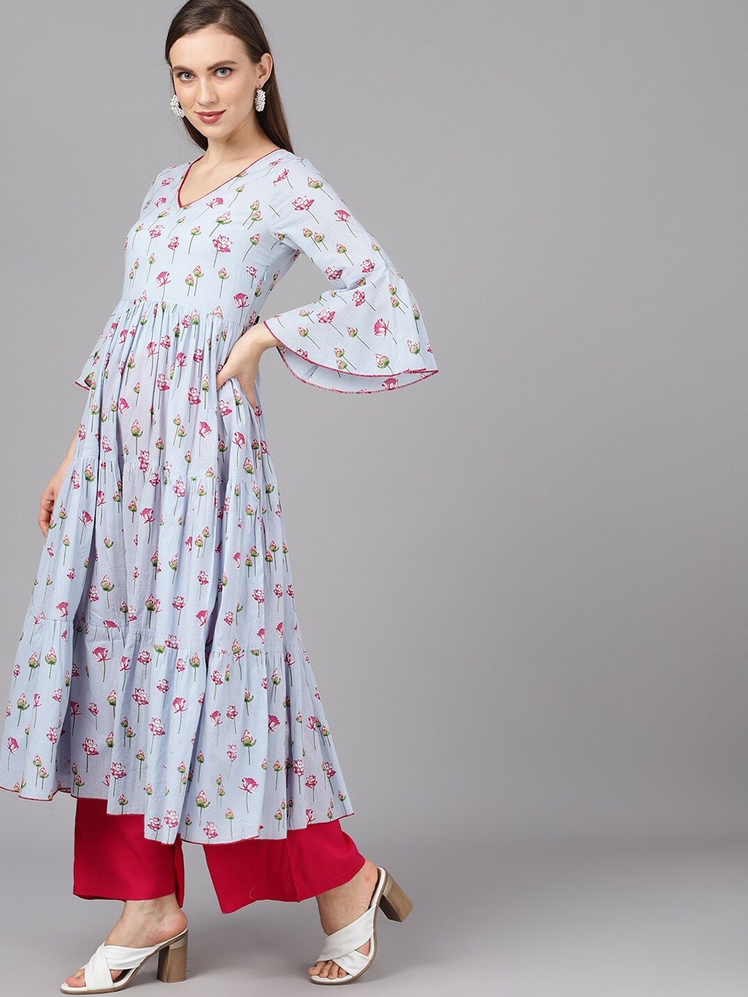 Women's  Blue & Pink Printed Anarkali Kurta