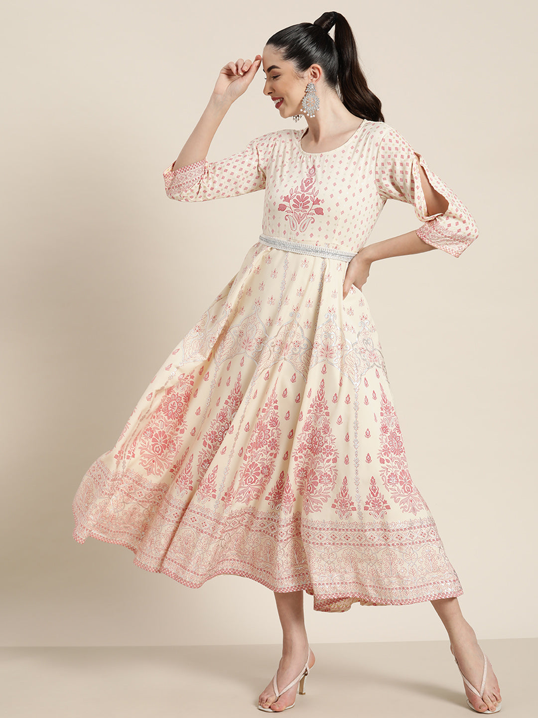 Women's  Ivory American Crepe Printed Flared Dress