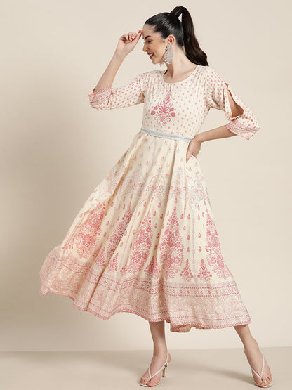 Women's  Ivory American Crepe Printed Flared Dress