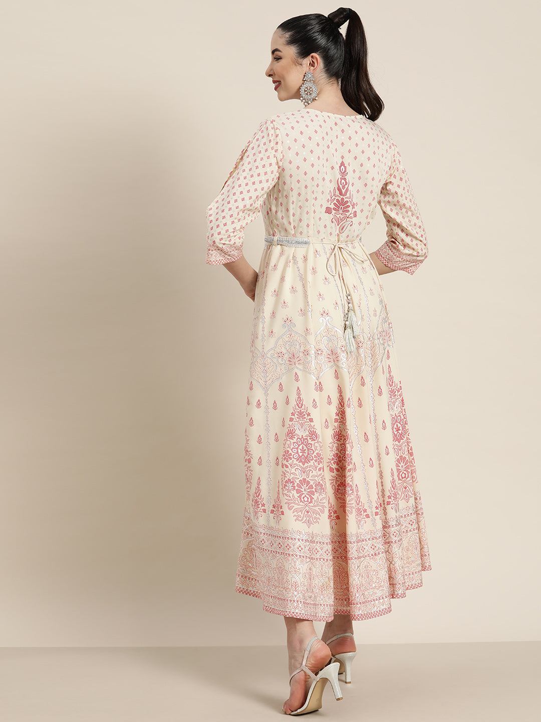Women's  Ivory American Crepe Printed Flared Dress
