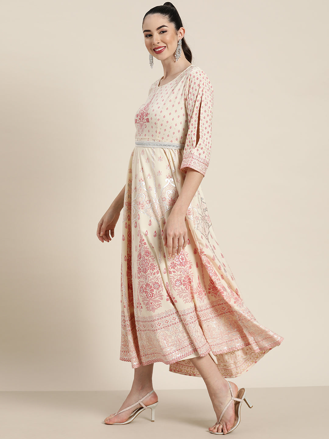 Women's  Ivory American Crepe Printed Flared Dress