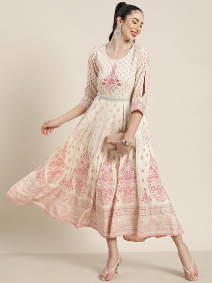 Women's  Ivory American Crepe Printed Flared Dress