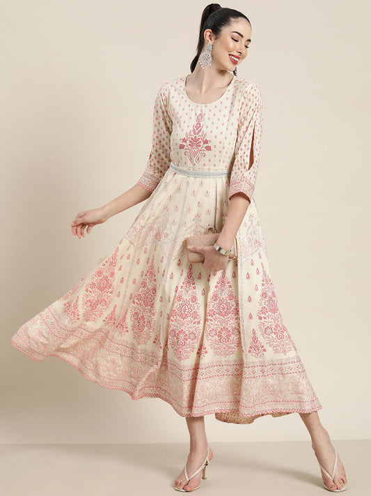Women's  Ivory American Crepe Printed Flared Dress