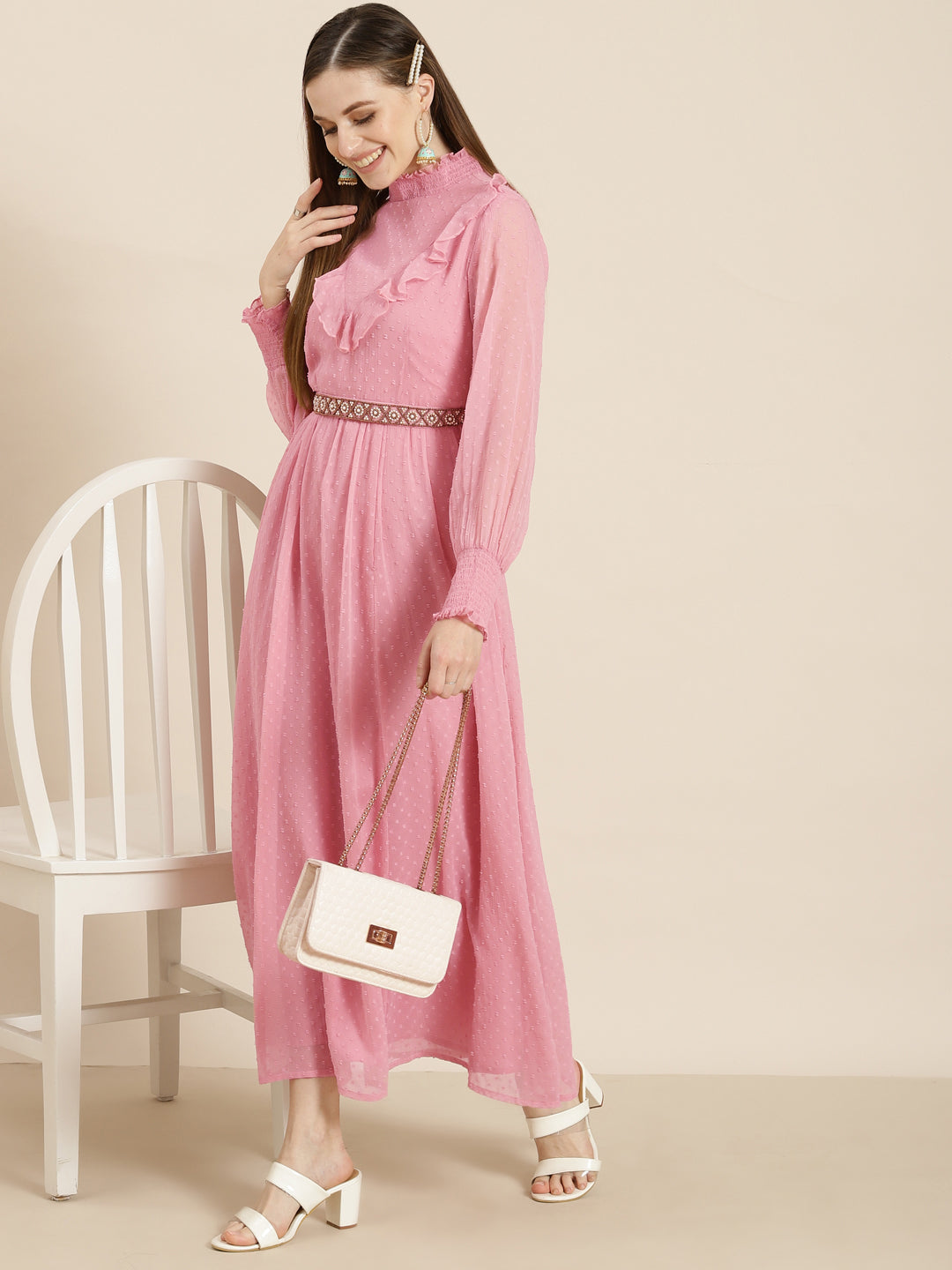 Women's  Pink Chiffon Woven Design Flared Dress