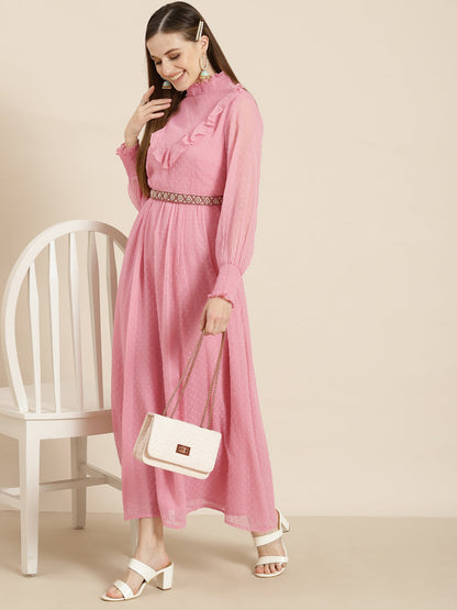Women's  Pink Chiffon Woven Design Flared Dress