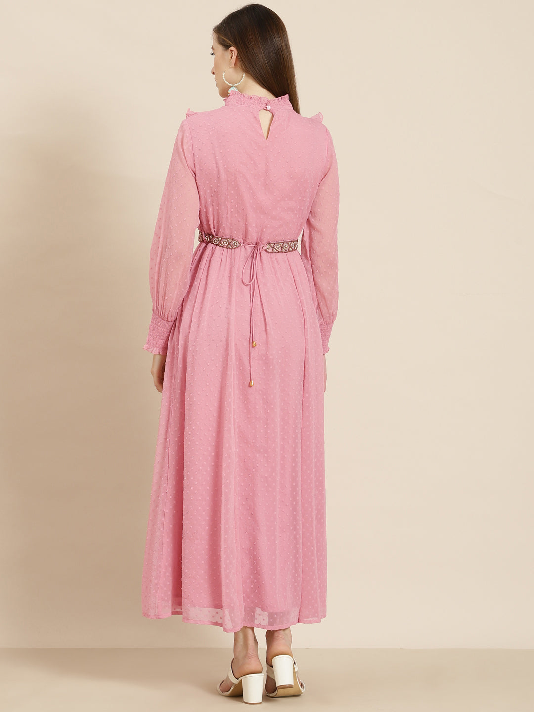 Women's  Pink Chiffon Woven Design Flared Dress