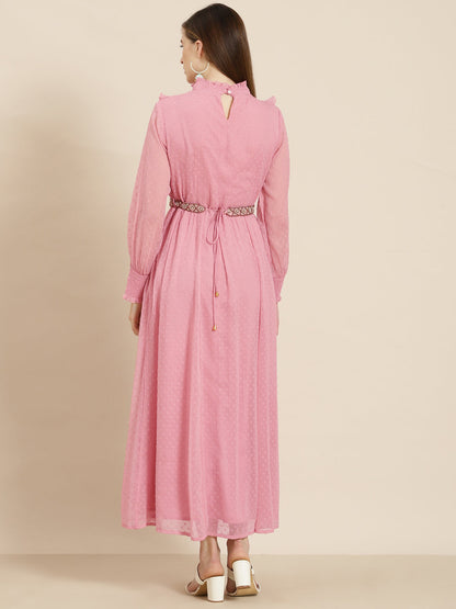 Women's  Pink Chiffon Woven Design Flared Dress