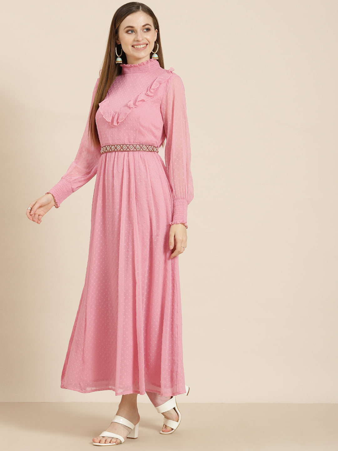 Women's  Pink Chiffon Woven Design Flared Dress