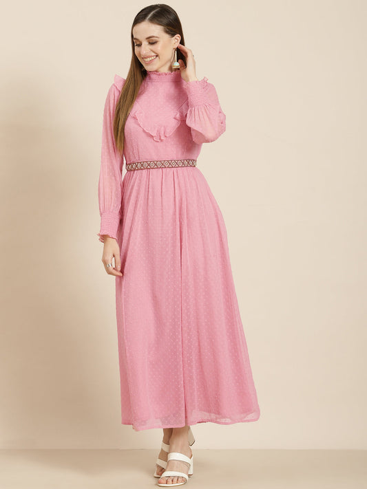 Women's  Pink Chiffon Woven Design Flared Dress