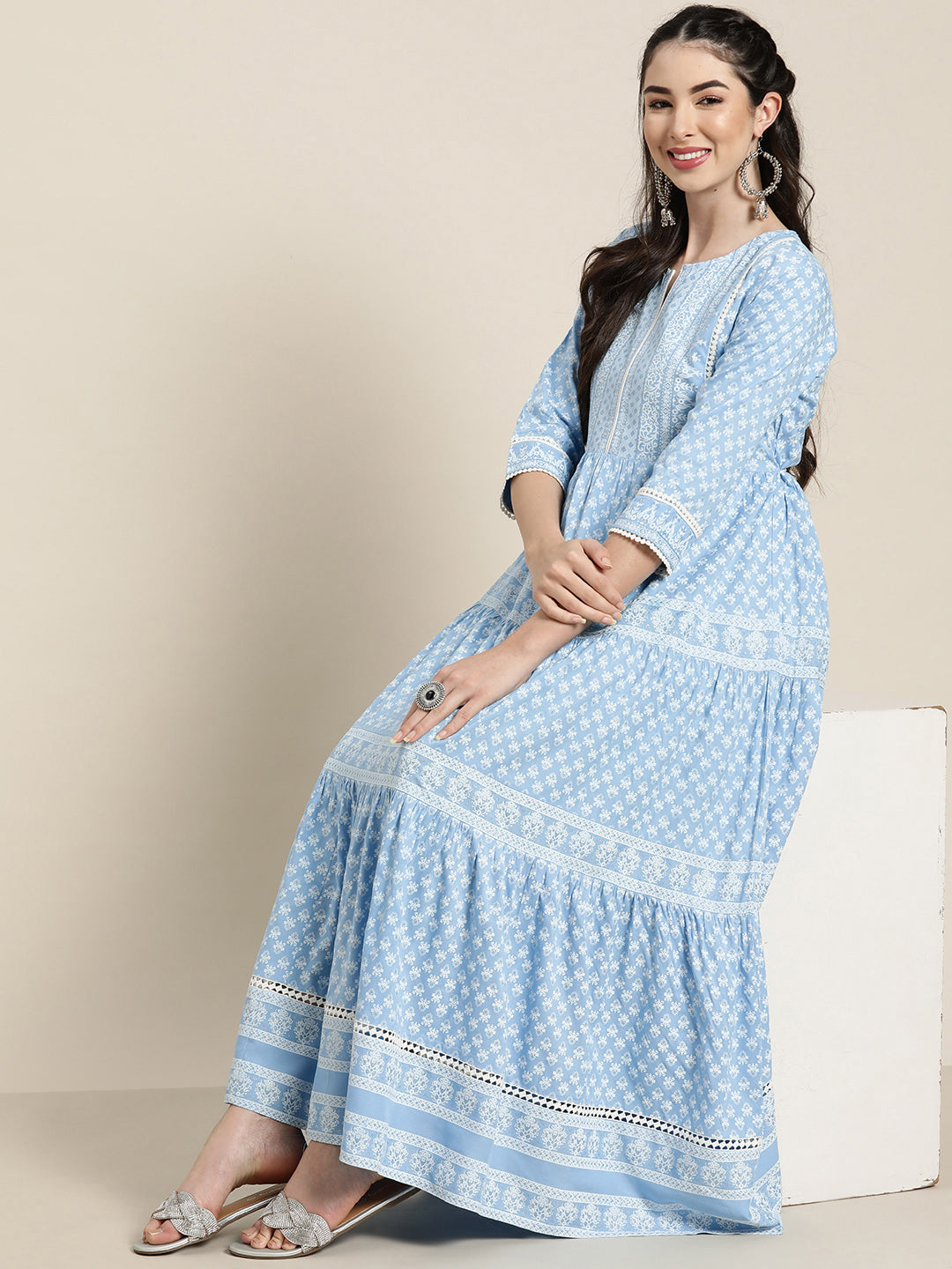 Women's  Blue Rayon Printed Tiered Dress