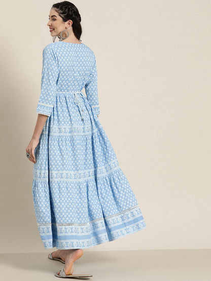 Women's  Blue Rayon Printed Tiered Dress