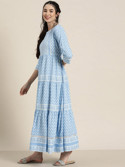 Women's  Blue Rayon Printed Tiered Dress