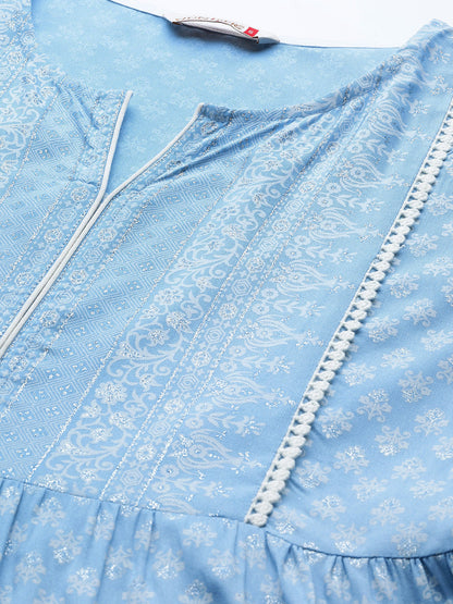Women's  Blue Rayon Printed Tiered Dress