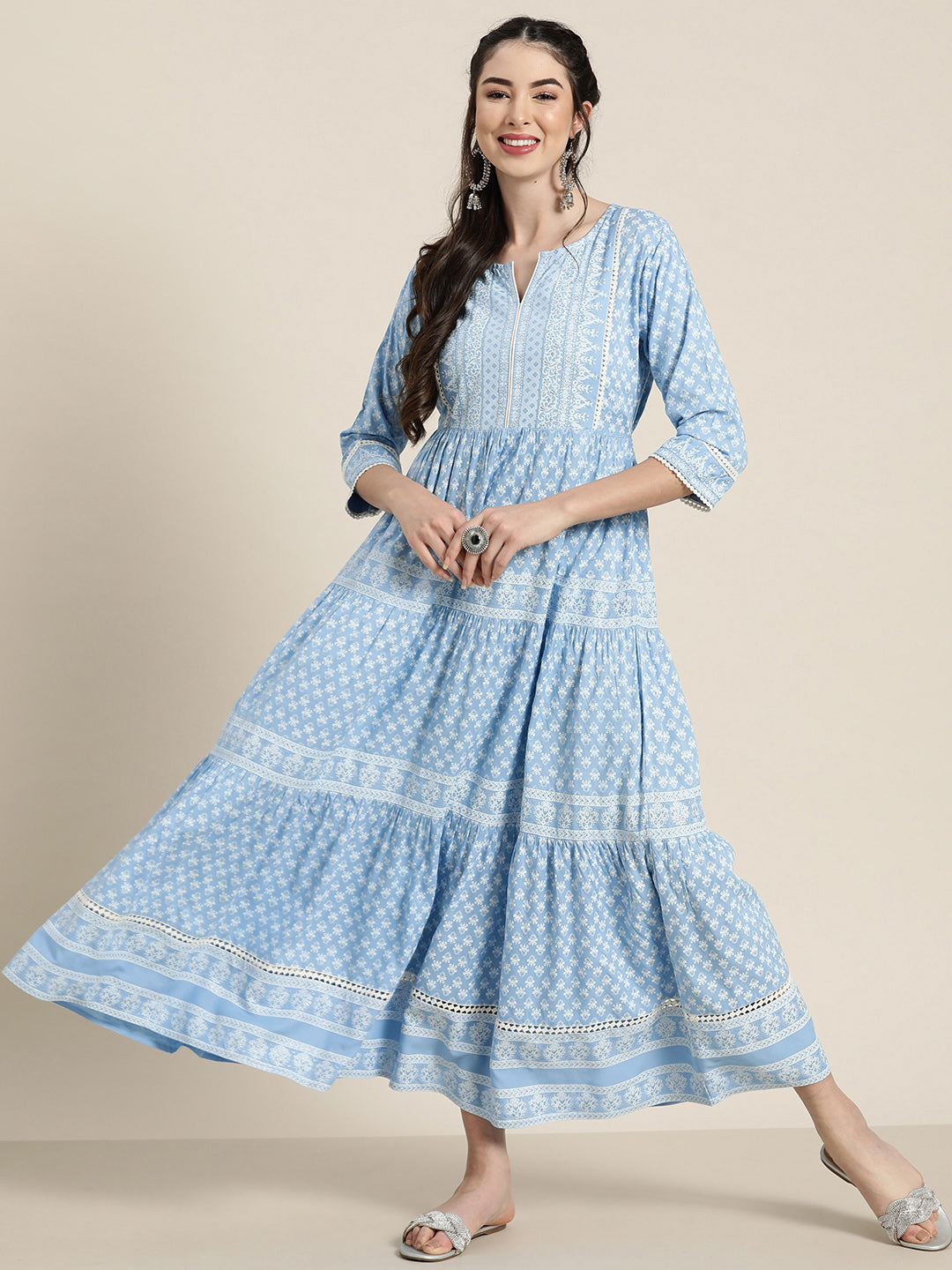 Women's  Blue Rayon Printed Tiered Dress