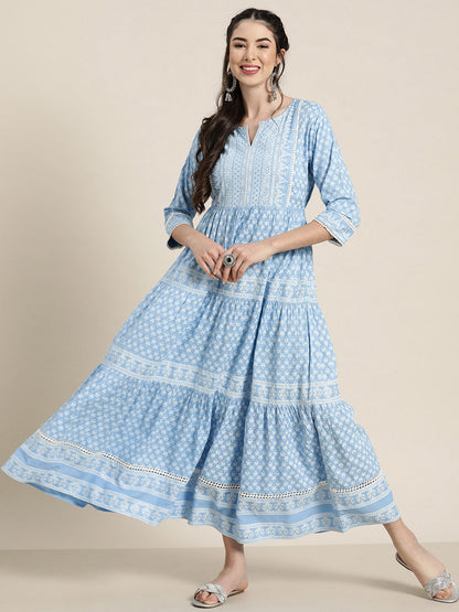 Women's  Blue Rayon Printed Tiered Dress