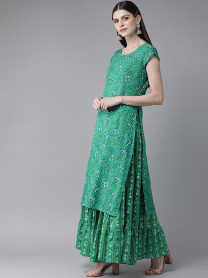 Women's  Green & Off-White Printed Kurta with Skirt