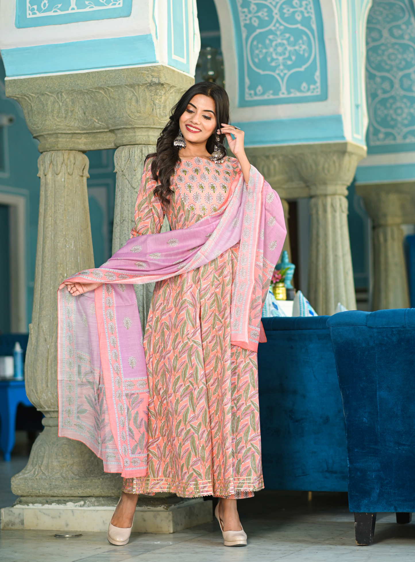 Women's Peach Handblock Dupatta Set