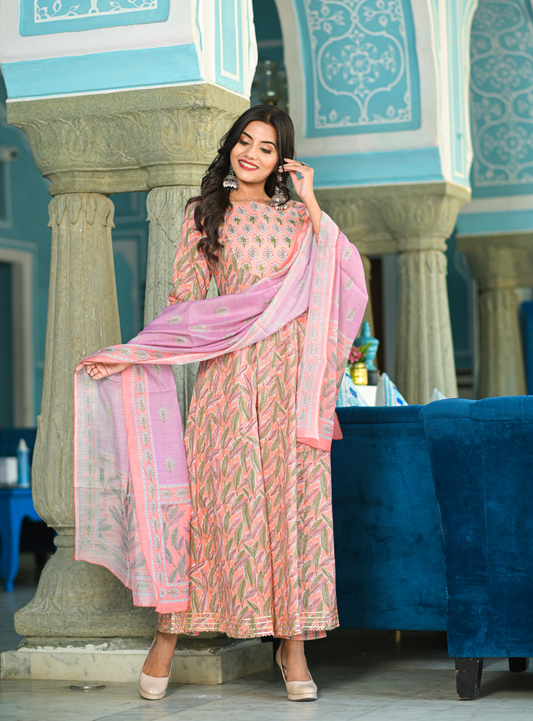 Women's Peach Handblock Dupatta Set